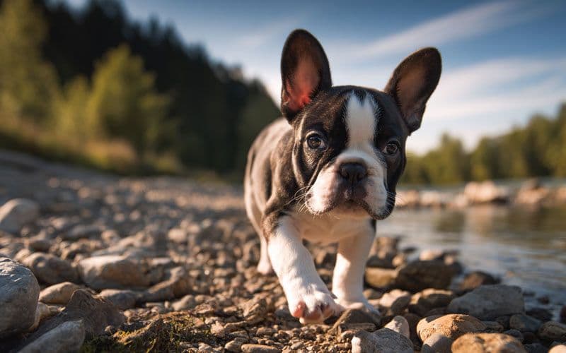Le chiot développe sa proprioception sur une berge rocheuse.